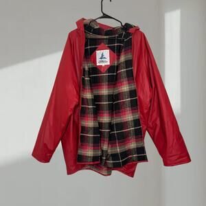 Misty Harbor Original Hooded Rain Jacket with Plaid Lining – Red (Unisex 2XL)